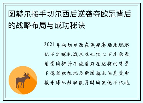 图赫尔接手切尔西后逆袭夺欧冠背后的战略布局与成功秘诀